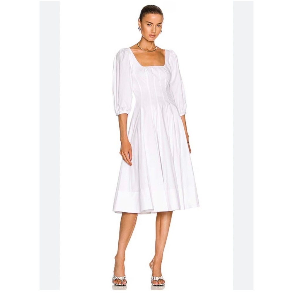 STAUD Wells Dress White Cotton Poplin Puff Sleeve Midi Corset Style Size 6